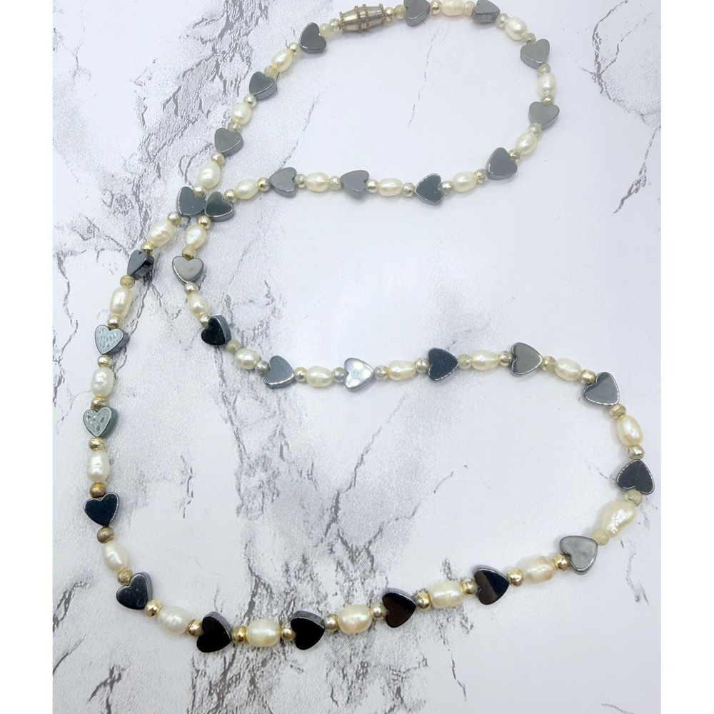 Magnetic Hematite Heart Glass Pearl Necklace Gold Tone 20" Barrel‎ Clasp